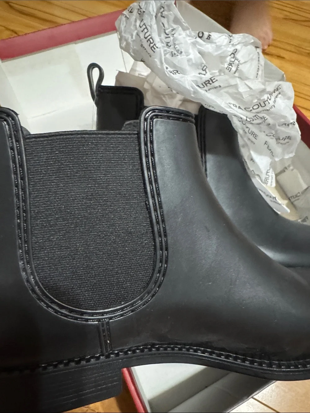 Womens rubber Black Boots - Smooth Leather Slip-On